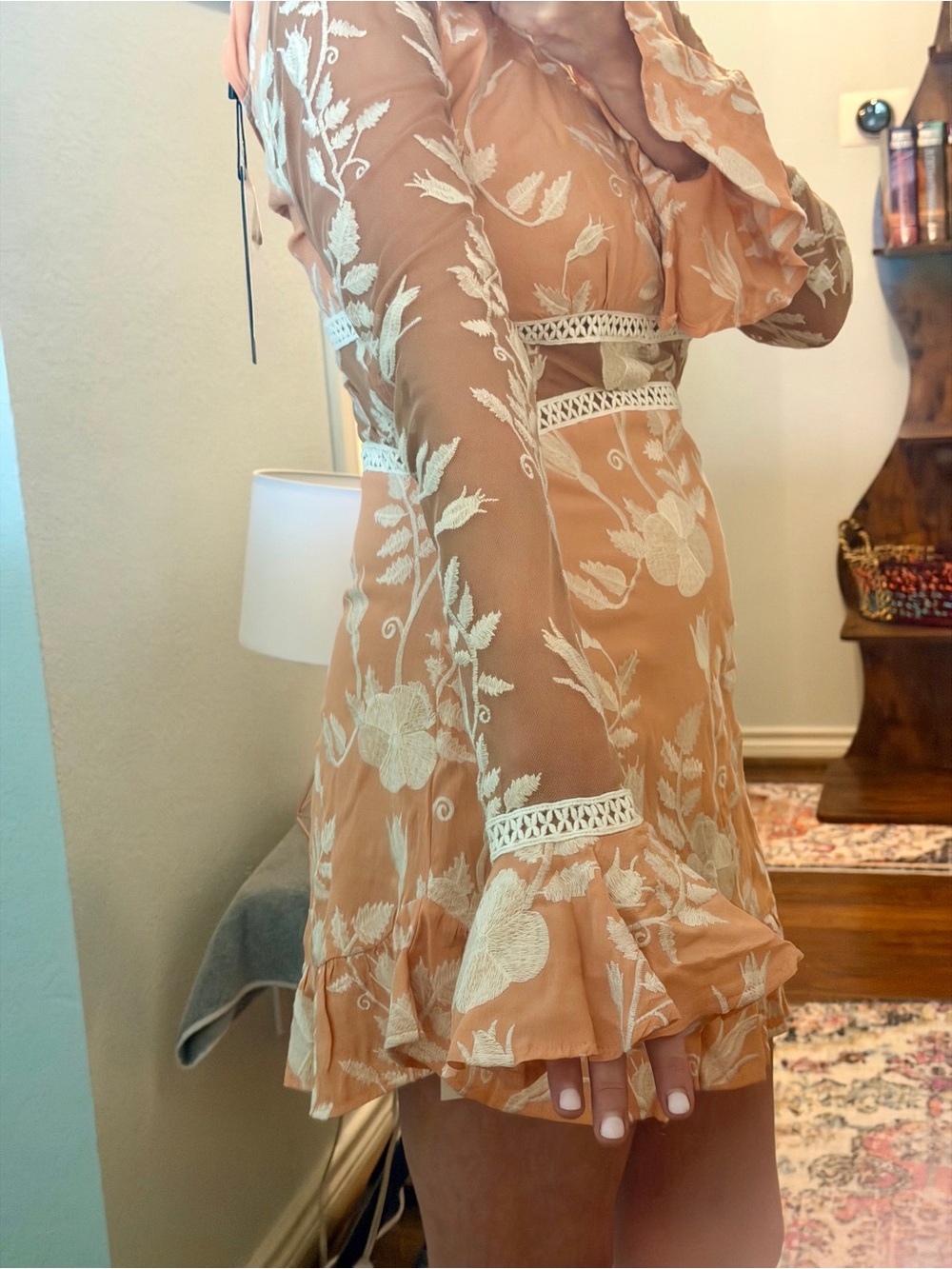 For Love & Lemons Mia Dress Peach Embroidered Bell Sleeve Mini NWT Medium - Picture 15 of 16